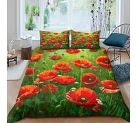 3D All Season Microfiber Red poppies field Comforter Cover Easy Care Bedding Set with Pillow Shams Nature painting style Duvet Cover All Season Washable for Kids Teens Boys Girls Double（200x200cm）