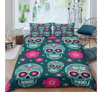 3D All Season Microfiber Sugar skull Comforter Cover Easy Care Bedding Set with Pillow Shams Mexican folk art style Duvet Cover All Season Machine Washable for Kids Teens Boys Girls Single（140x200cm）