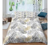 3D All Season Microfiber tropical leaves Quilt Cover Sets Easy Care Bedding Set w/ Pillowcase black white gold style Comforter Cover Set Breathable Machine Washable for Teens Adults King（220x240cm）