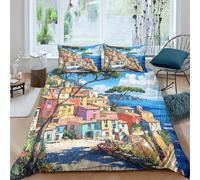 3D All Season Microfibre Coastal village Bedding Quilt Cover Soft Bedding Sets with Pillow Shams Mediterranean painting Duvet Cover Sets Easy Care Machine Washable for Home Decor Double（200x200cm）