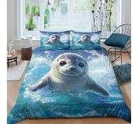 3D All Season Microfibre cute seal swimming Bedding Quilt Cover Soft Bedding Set w/ Pillow Shams marine animal illust Duvet Cover Sets Easy Care Machine Washable for Home Decor Super king（260x220cm）