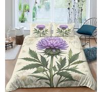 3D All Season Microfibre Purple thistle flower Duvet Cover Breathable Bedding Set with Pillow Cases Botanical illust Bed Quilt Cover All Season Breathable Washable for Bedroom Decor King（220x240cm）