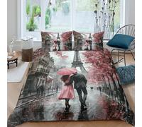 3D All Season Microfibre Romantic Paris walk Duvet Cover Easy Care Bedding Sets with Matching Pillowcase Artistic watercolor Quilt Cover Set Breathable Washable for Home Decor Super king（260x220cm）