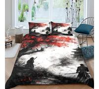 3D All Season Microfibre samurai duel Duvet Cover Set Easy Care Bedding Set w/Pillowcases traditional Japanese Art_ Bed Quilt Cover Easy Care Soft Washable for Boys Girls Kids Double（200x200cm）