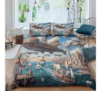 3D All Season Microfibre steampunk airship Bedding Quilt Cover Soft Bedding Sets with Pillow Shams fantasy cityscape art Duvet Cover Sets Easy Care Machine Washable for Home Decor Double（200x200cm）