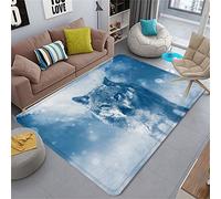 3D Animal Carpet Large Area Rugs Nature Landscape Wolf Forest Printing Flannel Sponge Living Room Rug Blue Grey Moon Wolf Boy Men's Bedroom Rug Doormat Soft Crawling Mat (Fog Blue,120x180 cm)