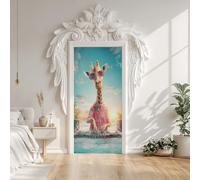 3D Animal Giraffe Hip-Hop DJing Abstract Door Sticker Self-Adhesive 90X200 cm, Tropical Sea Wildlife Palm Trees Door Stickers Poster Removable Vinyl Wallpaper Poster for Interior Bedroom Decor