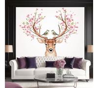 3D Animals Wall Mural Wallpaper Non-Woven for Living Room, Bedroom, Children's Room - Large Photo Wallpaper for Tv Background, Two Birds Standing Between The Horns of A Flower Deer 250 X 175 Cm