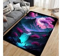 3D Area Rug, 120x180cm Game Room Decor Moonlit Night Scenery Mountains and Waterfall Pattern Rugs, Cartoon Anime Boys Bedroom Bedside Rugs, Soft Non-Slip Washable Carpet for Entrance Living Room