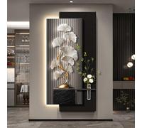 3D Art Wall Decor with Light, LED Sandstone Green Plant Decoration Painting, Ginkgo Leaves Hanging Art Sculpture, Farmhouse Art Murals with USB Port, Vase & Simulated Green Plants(B,50 * 100CM)