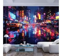 3D Art Wallpaper Mural Neon lit city street at night modern style Neon lit city street at night modern styleWall Wear Resistant Decoration for Study Room Living Room Backdrop Wall Covering Wall Photo