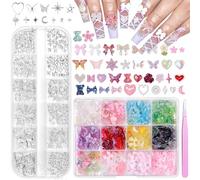 3D Assorted Nail Charms and Silver Nail Studs, Mix Color Bowknot Heart Flower Butterflies Acrylic Nail Art Charms Tiny Star Heart Cross Moon Rivets Gems for Nails Art DIY Supplies