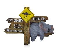 3D Australia Souvenir Fridge Magnet - Sleeping Koala on Rustic Road Sign with Sydney, Perth, Melbourne & Gold Coast - Hand-Painted Polyresin Travel Keepsake (8.3cm x 6.4cm)