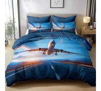 3D Aviation Plane Double Duvet Cover Airport Bedding Double Bed Set Soft Breathable Microfibre Quilt Cover 200x200 with Zipper Closure and 2 Pillowcases C-991