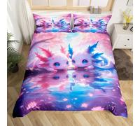 3D Axolotl Quilt Cover King Size,Magical Salamander Bedding Set Cherry Blossom Decor Duvet Cover for Kids Boys Teen Girls Pink Cute Room Decor,Romantic Themed Bed Set
