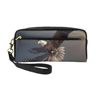 3D Bald Eagle Flying with American Flag Printed Makeup Bag for Women Travel PU Leather Cosmetic Bag with Wristlet Toiletry Bag