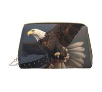 3D Bald Eagle Flying with American Flag Printed Small Makeup Bag Portable Leather Make up Bag Travel Zipper Cosmetic Bags Organizer for Women