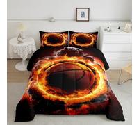 3D Basketball Comforter Set Single 2 Pcs,Abstract Flame Print Bedding Sets for Kids Boys Teens Adults,Sports Game Competition Quilted Comforter 1 Pillowcase