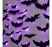 3D Bat Design LED Decoration, LED Bats Stickers, 3D Bats Wall Sticker Light Halloween Decoration, LED Bats Light Wall Decor for Indoor Outdoor Bedroom Window Party Supplies (12PCS)