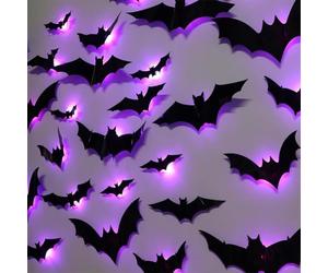 3D Bat Design LED Decoration, LED Bats Stickers, 3D Bats Wall Sticker Light Halloween Decoration, LED Bats Light Wall Decor for Indoor Outdoor Bedroom Window Party Supplies (12PCS)