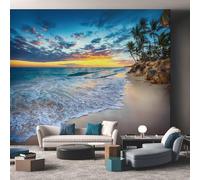 3D Beach Wallpaper, Sunset Palm Tree Wallpaper for Living Room, Bedroom, Non-Woven Decor Wall Paper, Photo Mural Dining Room, Hallway, Lounge, 200 X 140 cm POI100