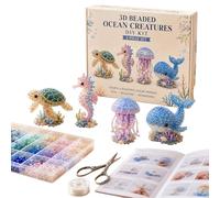 3D Beaded Ocean Creatures DIY Kit, 4-Piece Whimsical Marine Animal Craft Set with Turtle Seahorse Jellyfish Whale, Complete Supplies and Guide, Nautical Beading Project for Beginners A01