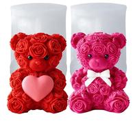 3D Bear Silicone Moulds, Candle Mould, Pack of 2 Flower Bear Candle Silicone Moulds, Casting Moulds, DIY Candle Moulds for Homemade Soaps, Gifts for Valentine's Day, Birthday Gifts (S+S)