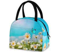 3D Beautiful Chamomile Daisy Field Butterfly Lunch Tote Bag with Front Pocket Reusable Insulated Thermal Zipper Closure Cooler Container Bag for School Work Picnic Travel Fishing Beach