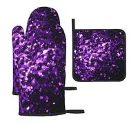 3d Beautiful Purple Glitter 3pcs Oven Mitts And Pot Holders Sets,Waterproof Heat-Resistance Microwave Cooking Oven Gloves,Chef Potholders Mittens,Kitchen Cooking Bbq Gloves And Hot Pads