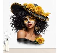 3D Beauty Exotic Black Girl Boho Wall Stickers, Yellow Rose Flower Mural Self-Adhesive Wallpaper, African American Girl Vinyl Murals Poster for Home Office Bedroom Decoration 210x300 cm