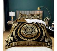 3D Bedding Set Ancient Greek Meandering Geometry Duvet Cover Double Size 3D Printed Microfibre Gold Quilt Cover 200x200 cm Easy Care Bedroom Decorative Bedding with 2 Pillowcases