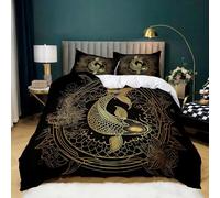 3D Bedding Set Golden Koi Lotus Duvet Cover Single Size 3D Printed Microfibre Mandala Style Quilt Cover 135x200 cm Easy Care Bedroom Decorative Bedding with 2 Pillowcases