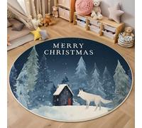 3D Blue And White House White Wolf Carpet,Christmas Scenery Rug,Round Carpet Rug For Living Room Bedroom Decoration,Sofa Floor Mats Chair Mats Outdoor Doormat Kid Play Non-Slip Floor Mat,100Cm