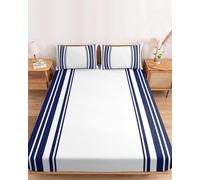 3D Blue and White Stripes Single Fitted Sheet Modern and Simple Fitted Sheets Deep Pocket 30 cm Soft Bed Sheets Microfiber Bedding 90x190 cm with 2 Pillowcases for kids and aldults XCW4700