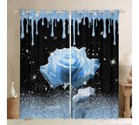 3D Blue Rose Window Curtains Blue Glitter Print(No Glitter) Window Treatments, Blue Flower Window Drapes for Kids Girls Room Decor, Grommet Top 2 Panel Set Bedroom Curtains, 66Wx72L inch