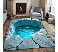 3D Blue Water Design Area Rug, 100x150cm, Desert Lake Crack Rugs for Living Room, Thin Low Pile Foldable Washable Carpets, Cozy Soft with Non Slip Backing Mat for Office Study Room