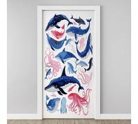 3D Blue Whale Octopus Fish Door Sticker, Under The Sea Animal Mural, Cartoon Kids Wallpaper Self-Adhesive Removable PVC Door Decal for Bedroom Living Room Home Decor Wall Murals 85x215 cm Y5h152