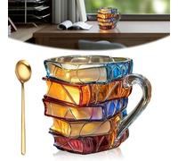 3D Book Mug for Book Lovers, 16 oz Hand-Painted Stacked Books Shaped Coffee Cup, Novelty Glass Reading Happiness Mugs, A Unique Charming Library Themed Gift for Reader Women Men