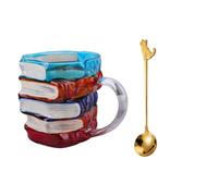3D Book Mug Painted Book Coffee Cup with a Golden Spoon Colorful Resin Books Stack Tea Cup Christmas Novelty Gifts for Readers Librarians Literature Lovers Teachers Students
