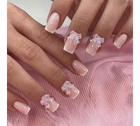 3D Bow Fake Nails - 24PCS Crystal False Nails with Glue - Short Square Press on nails - French Tip Stick on Nails - French Manicure Acrylic Nail Tips for Women Holiday & Daily Long Lasting Wearing