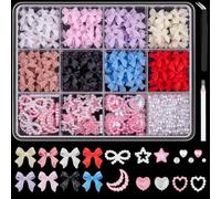 3D Bow Nail Charms Mixed Nails Art Decorations Nail Art Jewellery Nail Ornaments Cute Pearl Heart Star Moon Bowknot Nail Decorations with Pickup Tool for Women Girls