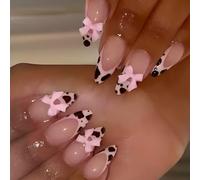 3D Bows Full Covers Stick On Nails French Tip Press On Nails Almond Artificial Nails False Nails With Leopards Designs