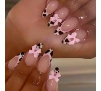 3D Bows Full Covers Stick On Nails French Tip Press On Nails Almond Artificial Nails False Nails With Leopards Designs