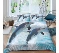 3D Breathable Microfiber Dolphins Jumping Duvet Cover Set All Season Bedding Set w/ Pillow Shams Wild Marine Life Style Bedding Quilt Cover Easy Care, Washable for Home Decor Super king（260x220cm）