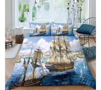 3D Breathable Microfibre SailboatBattle Duvet Cover All Season Bedding Sets with Pillow Cases NavalWarfareArtStyle Comforter Cover Set Easy Care Machine Washable for Home Decor Double（200x200cm）