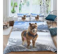3D Breathable Microfibre Snowy pony Bed Quilt Cover Soft Bedding Set w/ Pillowcases Winter equine adventure Comforter Cover All Season Easy Care Machine Washable for Boys Girls Kids Single（135x200cm）