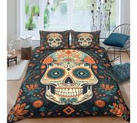 3D Breathable Microfibre sugar skull Bed Quilt Cover Soft Bedding Set w/Pillowcases Mexican folk art style_ Comforter Cover All Season Easy Care for Boys Girls Kids Single（140x200cm）