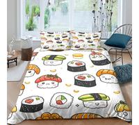 3D Breathable Microfibre Sushi designs Bed Quilt Cover Soft Bedding Set w/ Pillowcases Kawaii cartoon style Comforter Cover All Season Easy Care Machine Washable for Boys Girls Kids Single（140x200cm）