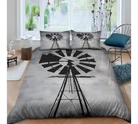3D Breathable Microfibre Windmill silhouette Bed Quilt Cover Soft Bedding Set w/ Pillowcases Rural farm scene Comforter Cover All Season Easy Care, Washable for Boys Girls Kids Single（135x200cm）