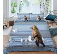 3D Brown Bear King Size Duvet Cover Sets Birds on the Beach Double Bedding Set Warm Comfort Microfiber Quilt Cover Size 220x230 cm with 2 Pillowcases 50×75 cm D-706